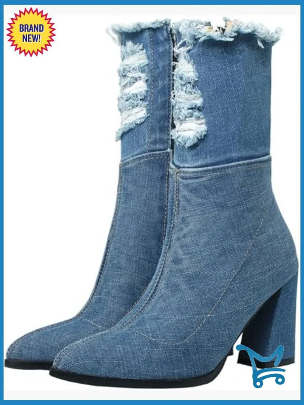 Denim Thigh High Boots Pointed Toe Block High Heel Over The Knee Boots